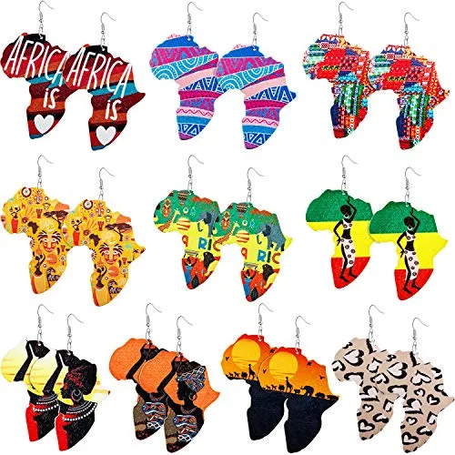 10 Pairs Wooden Earrings Afrikan Map Jewelry