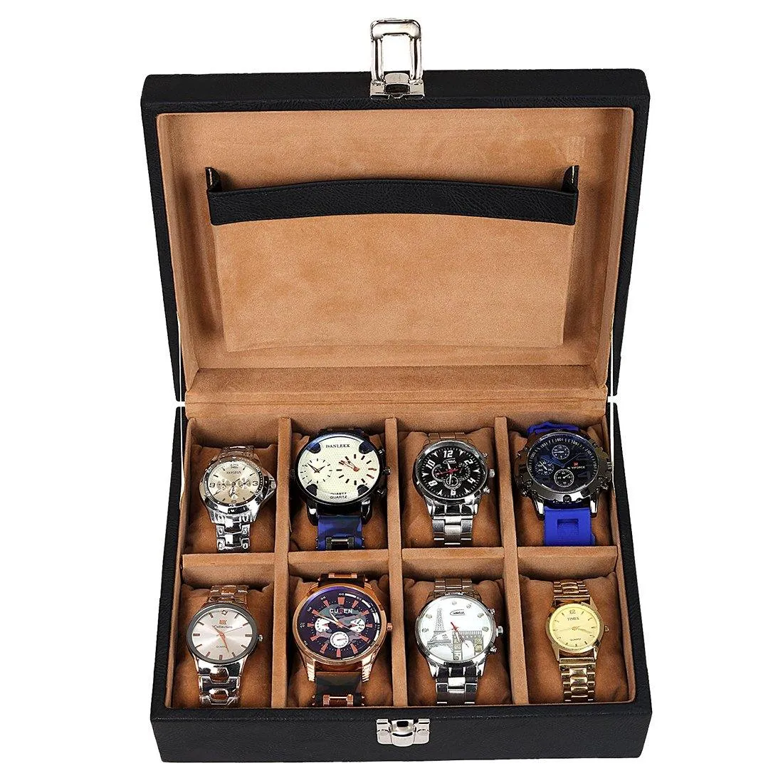 8 Slots Elegant Watch Organizer Box With Plain PU Leather Finish