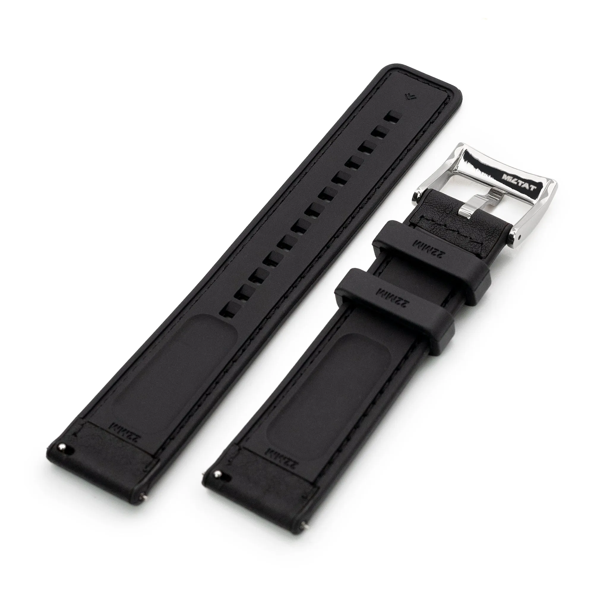 Black Quick Release Hybrid Leather FKM Rubber Watch Strap, 20mm or 22mm