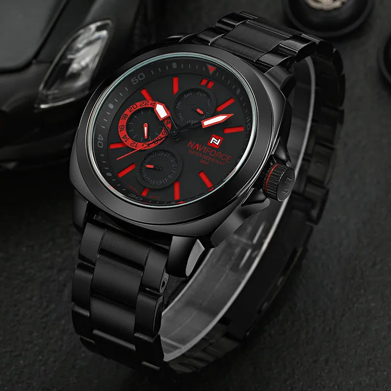 Brand New NAVIFORCE Chronograph 24 Hours Black Red Dial Stainless Steel Band Men Outdoor Sport Watch Men Watch