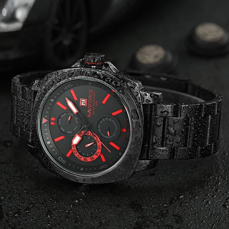 Brand New NAVIFORCE Chronograph 24 Hours Black Red Dial Stainless Steel Band Men Outdoor Sport Watch Men Watch