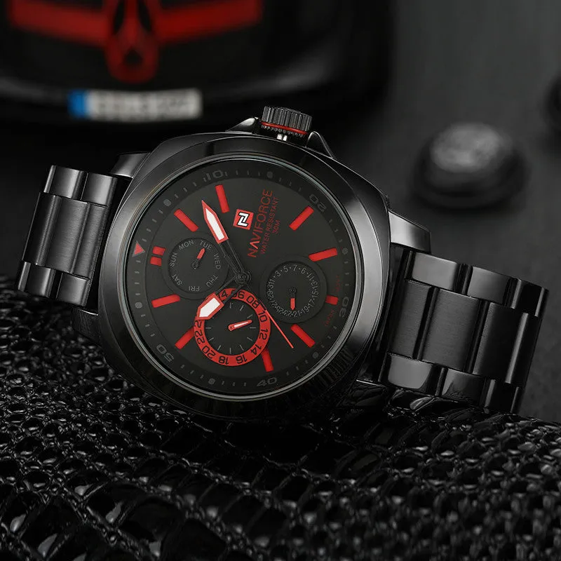 Brand New NAVIFORCE Chronograph 24 Hours Black Red Dial Stainless Steel Band Men Outdoor Sport Watch Men Watch