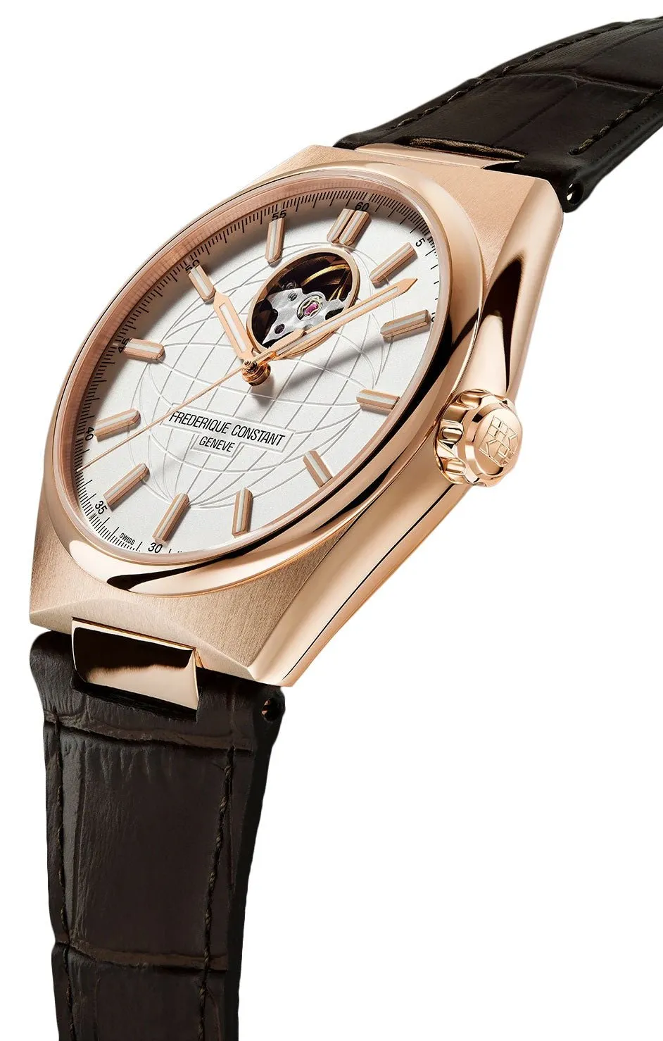 Frederique Constant Highlife Heart Beat Automatic Rose Gold Plated Stainless Steel Silver-Tone Dial Interchangeable Brown Rubber Strap Mens Watch FC-310V4NH4