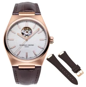 Frederique Constant Highlife Heart Beat Automatic Rose Gold Plated Stainless Steel Silver-Tone Dial Interchangeable Brown Rubber Strap Mens Watch FC-310V4NH4