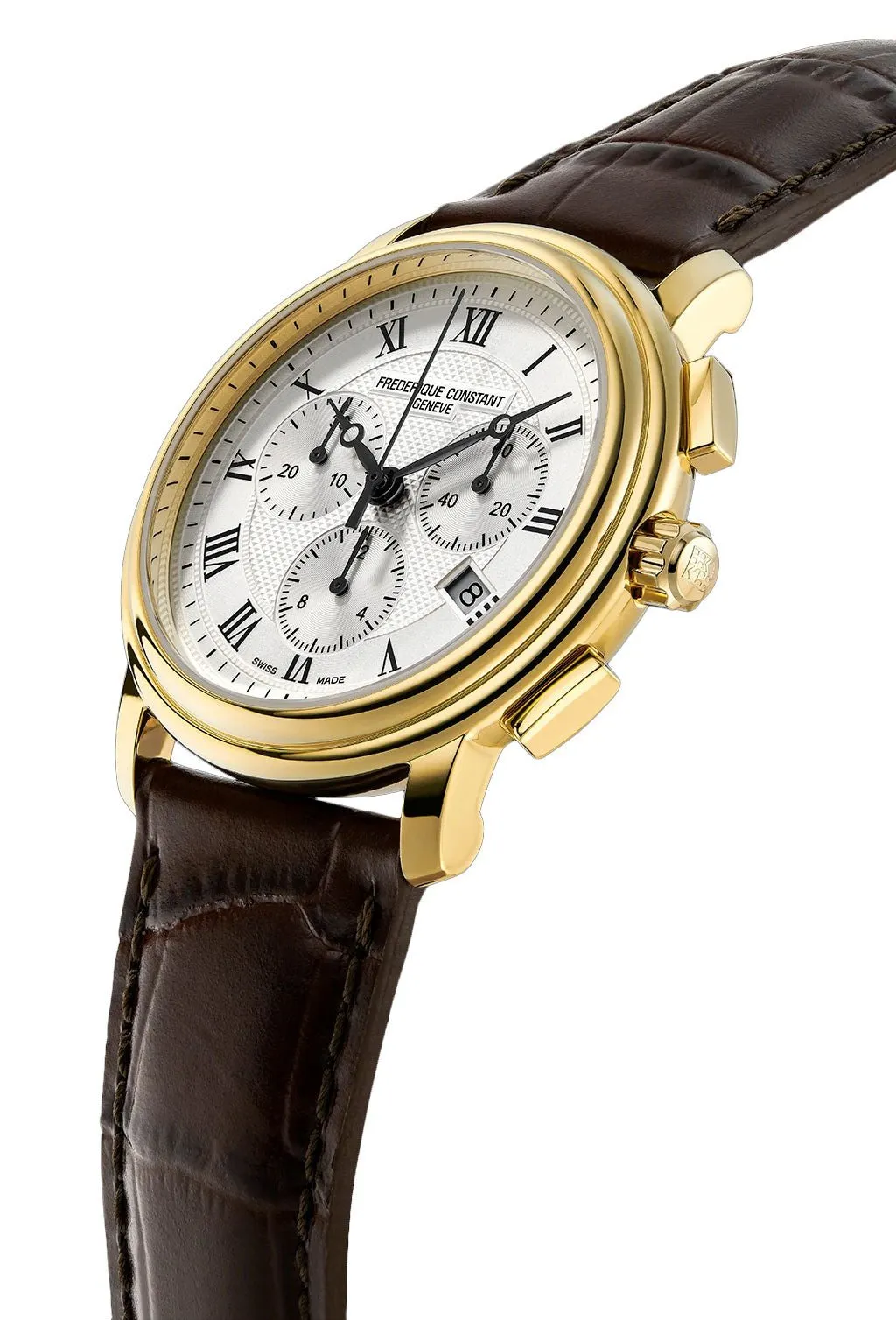 Frederique Constant Persuasion Classics Chronograph Yellow Gold Plated Steel Silver Dial Brown Leather Strap Date Quartz Mens Watch FC-292MC4P5