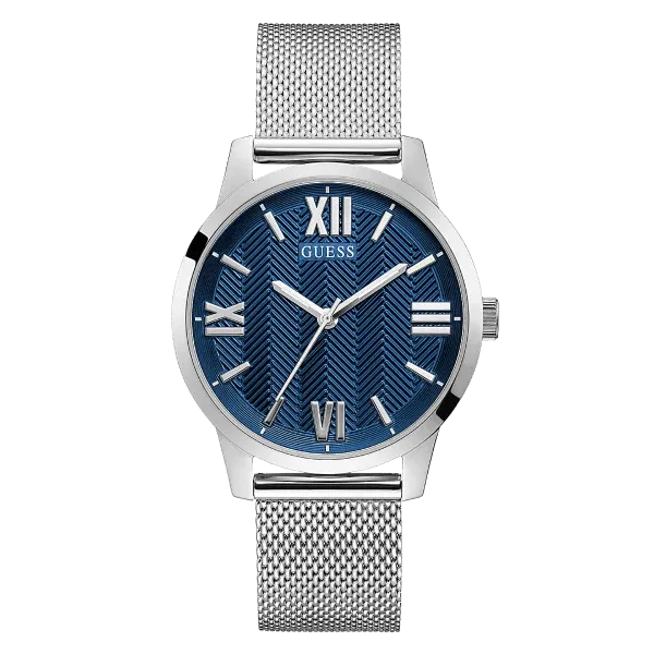 Guess Campbell Silver Mesh Bracelet Blue Dial Quartz Watch for Gents - GW0214G1