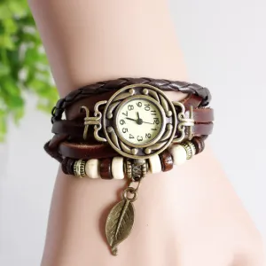 Leather strap leaf casual women vintage watch stainless steel analog round dial bracelet wristwatch quartz watch