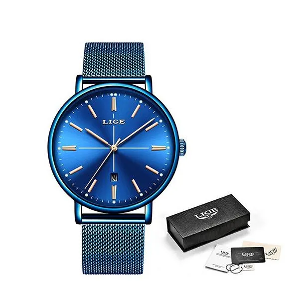 LIGE Womens Luxury Watch, Blue Face, Stainless Steel Mesh Band, 3 Bar