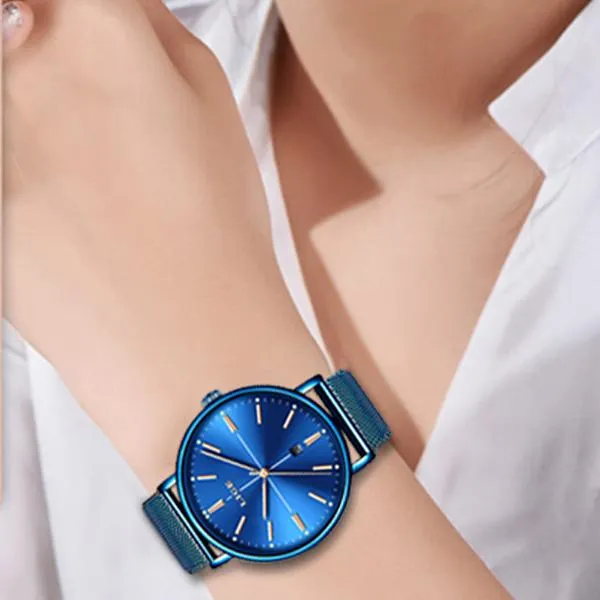 LIGE Womens Luxury Watch, Blue Face, Stainless Steel Mesh Band, 3 Bar