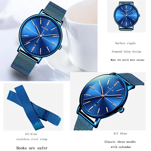 LIGE Womens Luxury Watch, Blue Face, Stainless Steel Mesh Band, 3 Bar