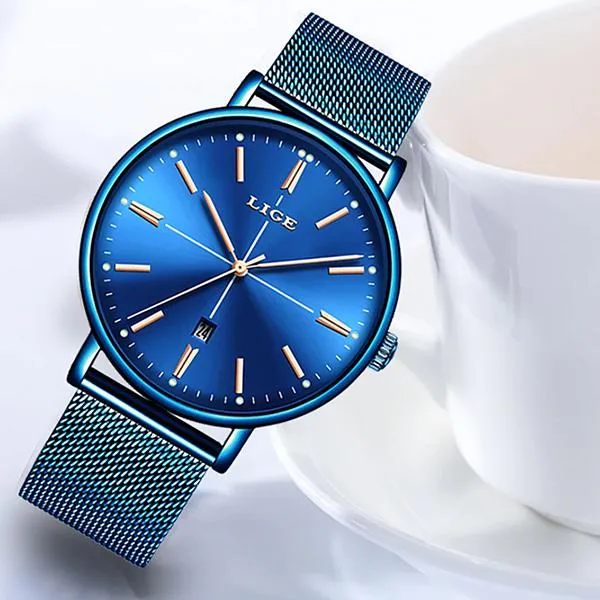 LIGE Womens Luxury Watch, Blue Face, Stainless Steel Mesh Band, 3 Bar