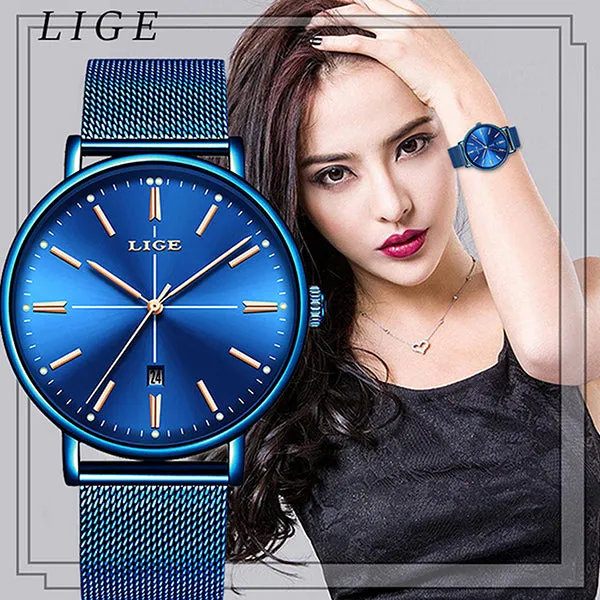 LIGE Womens Luxury Watch, Blue Face, Stainless Steel Mesh Band, 3 Bar