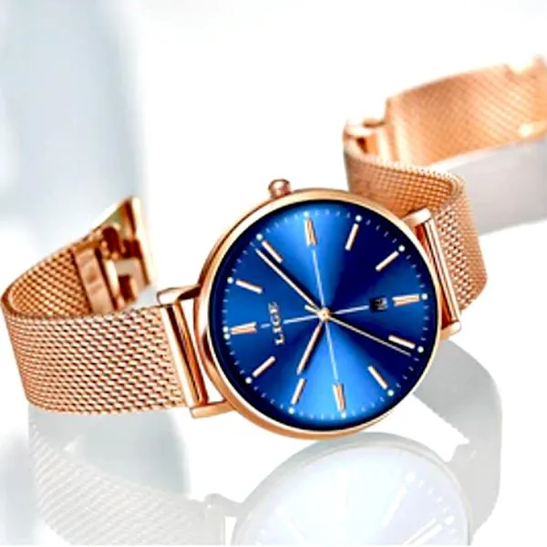 LIGE Womens Luxury Watch, Blue Face, Stainless Steel Mesh Band, 3 Bar