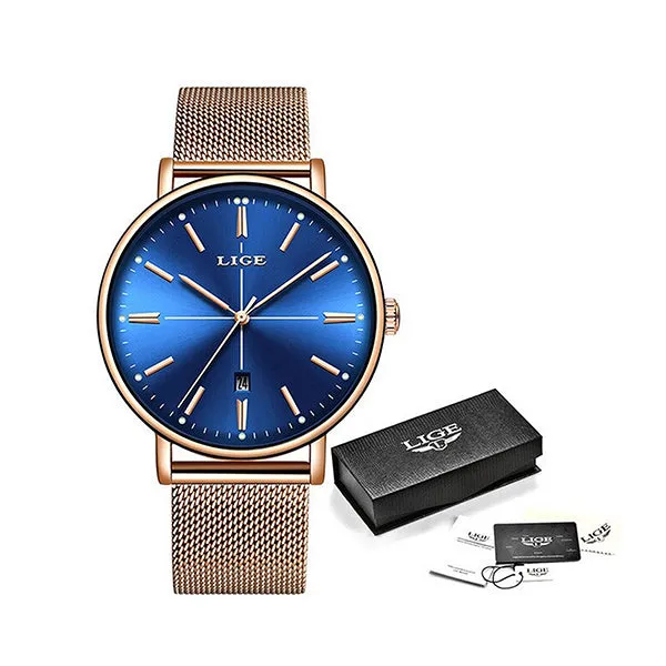 LIGE Womens Luxury Watch, Blue Face, Stainless Steel Mesh Band, 3 Bar