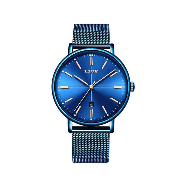 LIGE Womens Luxury Watch, Blue Face, Stainless Steel Mesh Band, 3 Bar