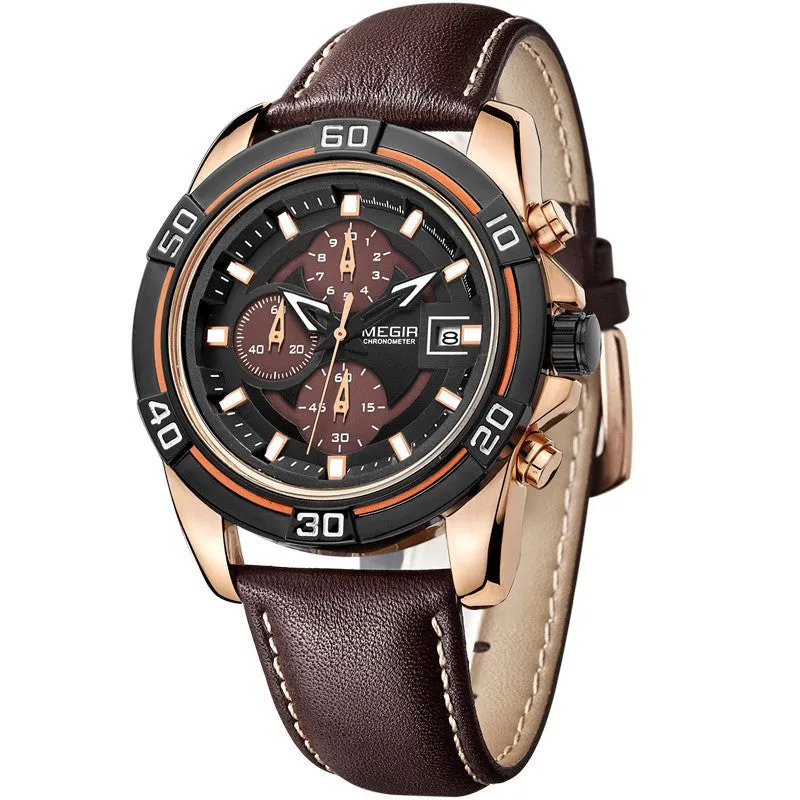 Megir New Chronograph Date Men Watch Genuine Leather Quartz Sport Watch Luxury Military Watch Men Wristwatch