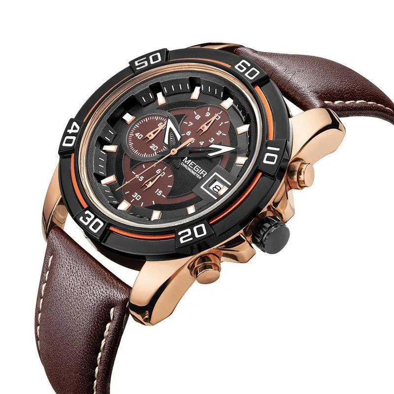 Megir New Chronograph Date Men Watch Genuine Leather Quartz Sport Watch Luxury Military Watch Men Wristwatch