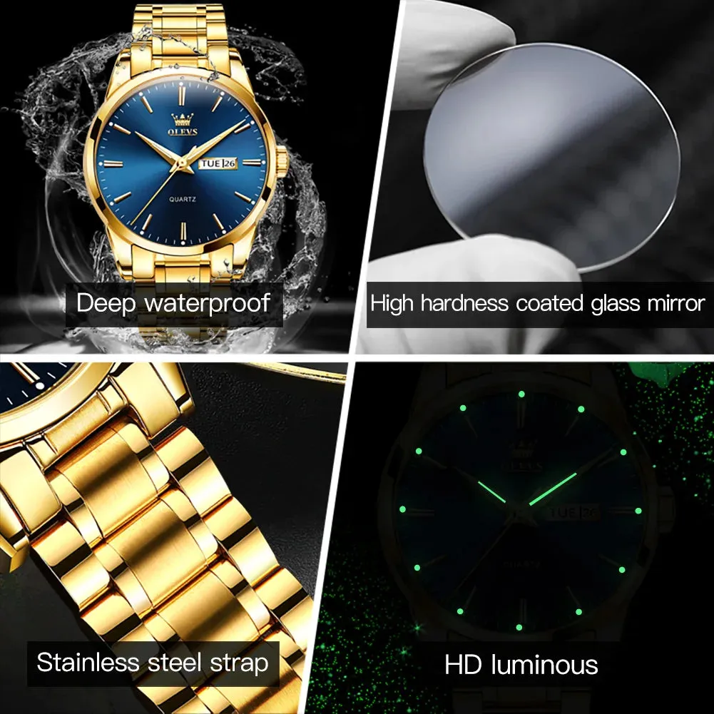 Men'S Watches Dual Calendar Simple Fashion Original Male Wristwatch Waterproof Stainless Steel Luminus Reloj