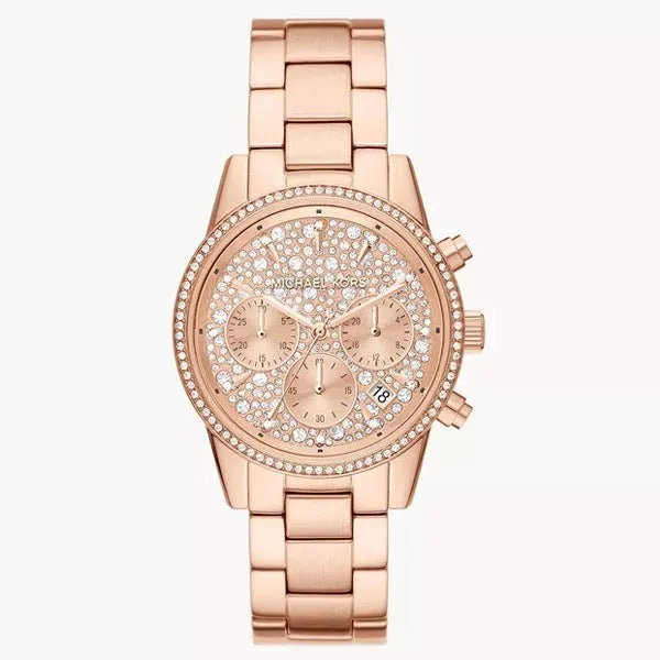 Michael Kors Ritz Rose Gold Stainless Steel Rose Gold Dial Chronograph Quartz Watch for Ladies - MK7302