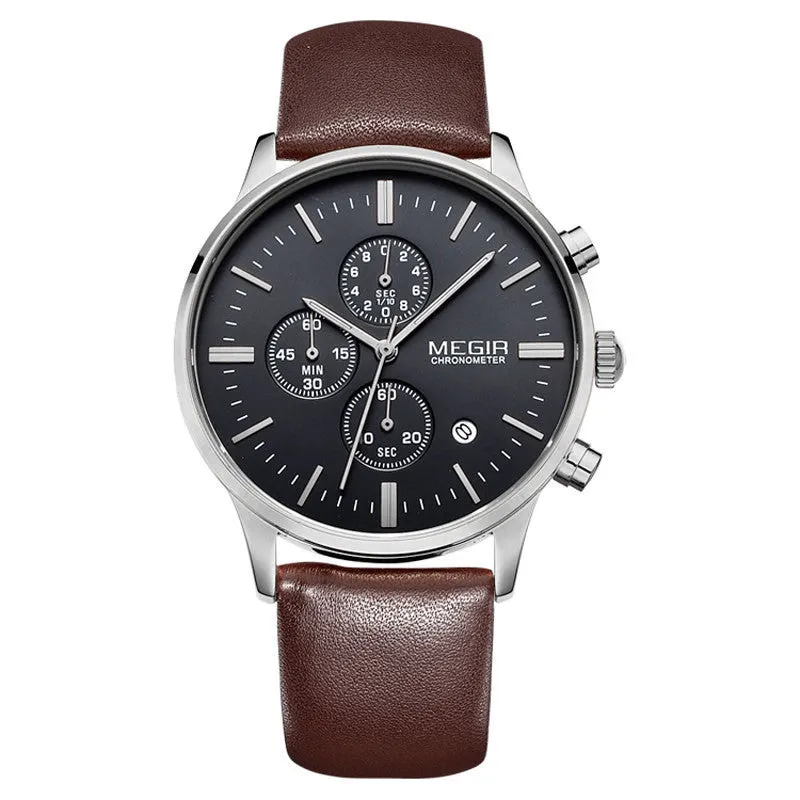 Military Watch Relogio Masculino Men Top Brand MEGIR Genuine Leather Strap Men Watches Chronograph 6 Hands Auto Function Watches