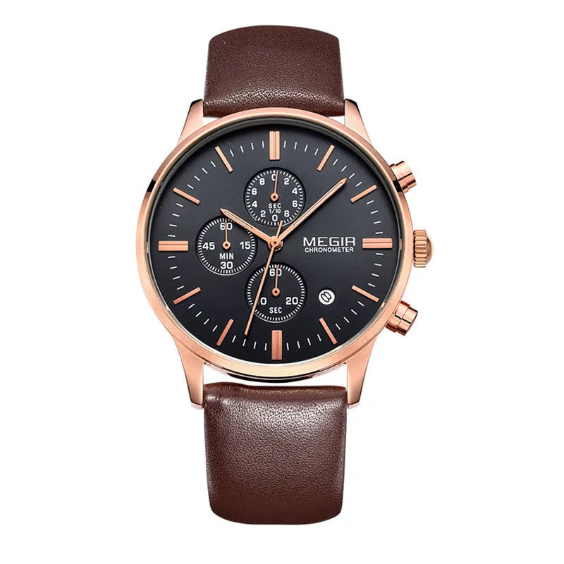 Military Watch Relogio Masculino Men Top Brand MEGIR Genuine Leather Strap Men Watches Chronograph 6 Hands Auto Function Watches