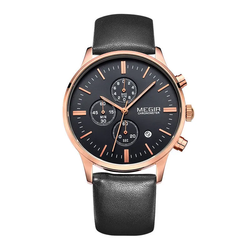 Military Watch Relogio Masculino Men Top Brand MEGIR Genuine Leather Strap Men Watches Chronograph 6 Hands Auto Function Watches