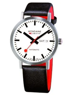 Mondaine Classic Automatic 40mm- Steel Case - White Dial - Black & Red Strap