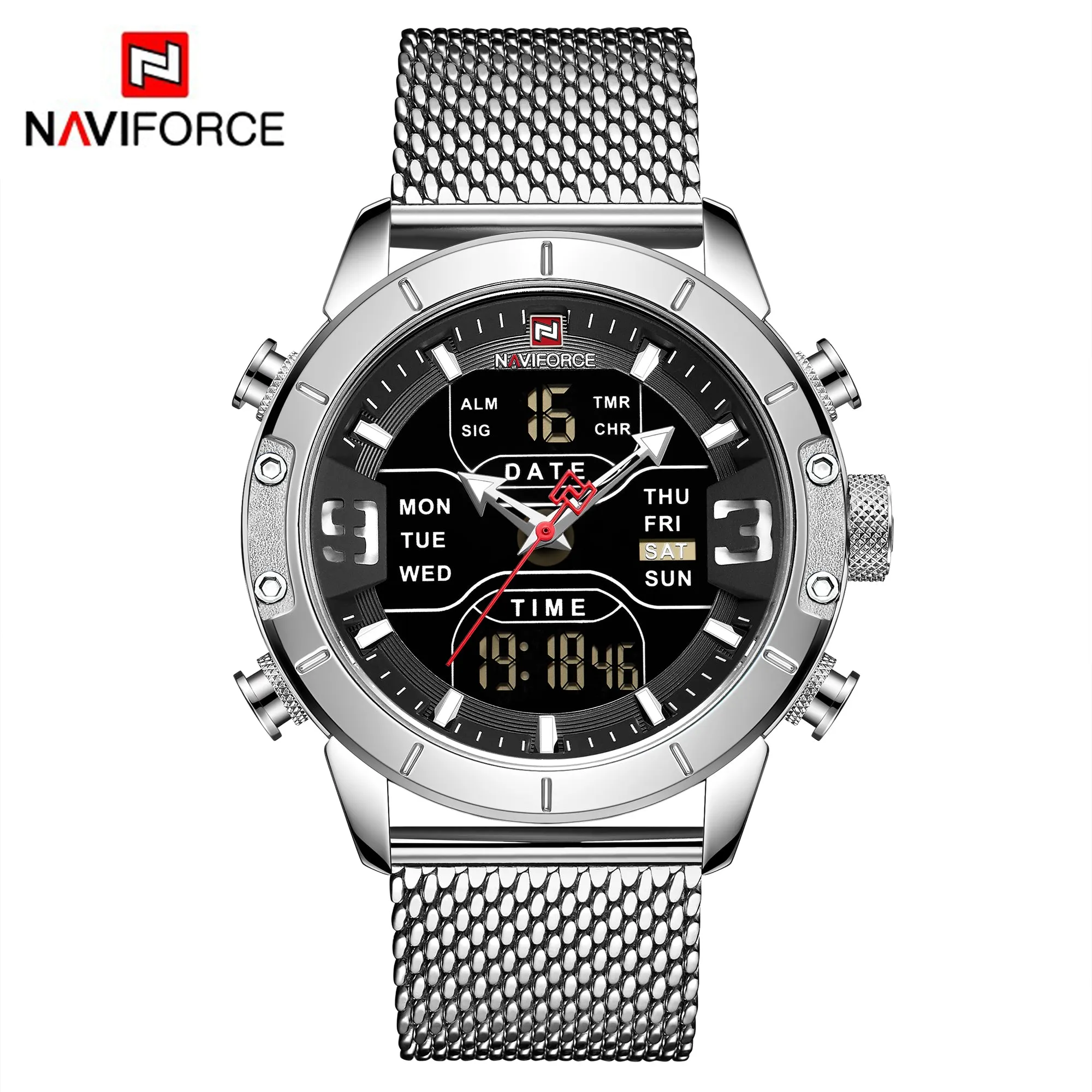 NAVIFORCE Watches for Men Dual Display Digital Fashion Stainless Steel Sport Waterproof Wristwatch NF9153S