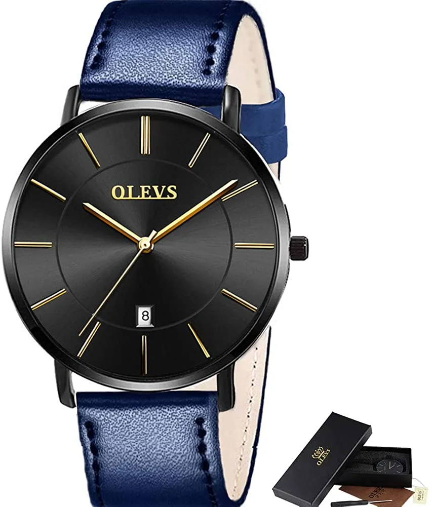 OLEVS Mens Minimalist Leather Strap Watches Brown Black Blue Leather Band Quartz Wrist Watches, Waterproof & Date Window