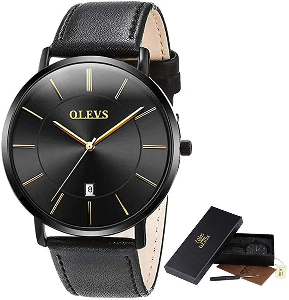 OLEVS Mens Minimalist Leather Strap Watches Brown Black Blue Leather Band Quartz Wrist Watches, Waterproof & Date Window