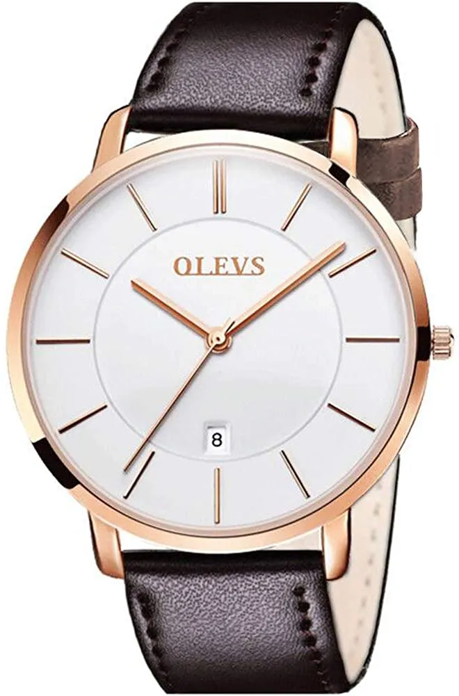 OLEVS Mens Minimalist Leather Strap Watches Brown Black Blue Leather Band Quartz Wrist Watches, Waterproof & Date Window