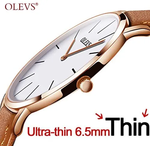 OLEVS Mens Minimalist Leather Strap Watches Brown Black Blue Leather Band Quartz Wrist Watches, Waterproof & Date Window