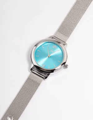 Rhodium Sun Ray Medium Mesh Blue Watch