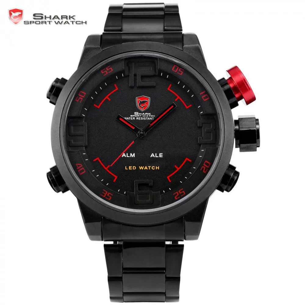 SHARK Sport Watch Analog Digital LED Stainless Full Steel Black Red Date Day Alarm Men's Outdoor Quartz Military Watches