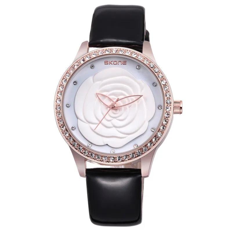 SKONE Fashion Women Watch Luxury Brand Watch Camellia Style Dial Leather Band Women Dress Watch