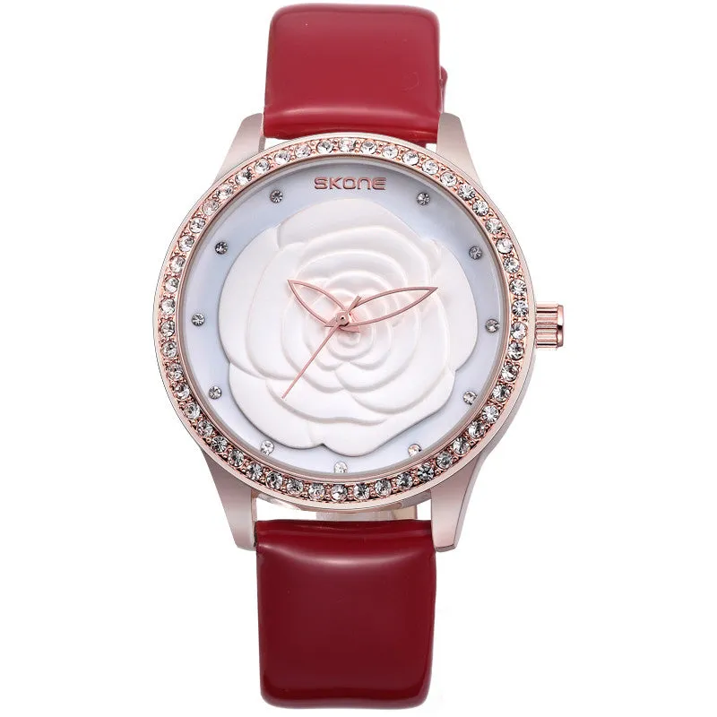 SKONE Fashion Women Watch Luxury Brand Watch Camellia Style Dial Leather Band Women Dress Watch