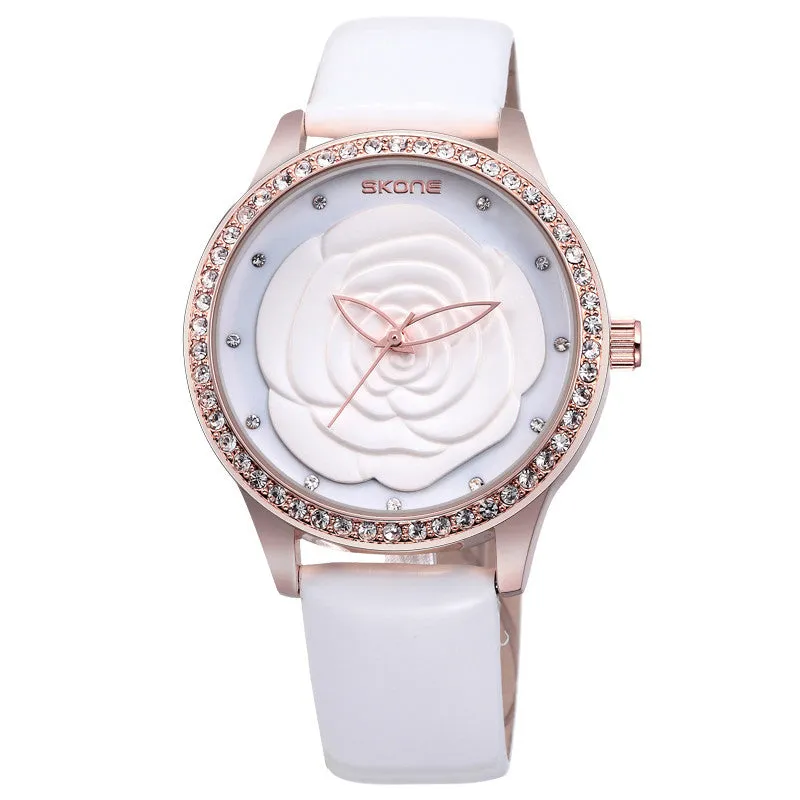 SKONE Fashion Women Watch Luxury Brand Watch Camellia Style Dial Leather Band Women Dress Watch