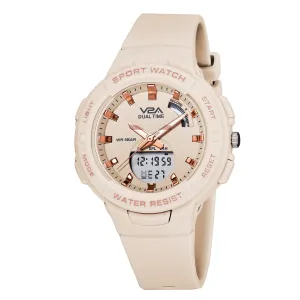 V2A Analog Digital 5ATM Waterproof Fashion Sports Watch with Backlight Alarm Stopwatch for Women and Girls (Beige Color Dial with Strap)