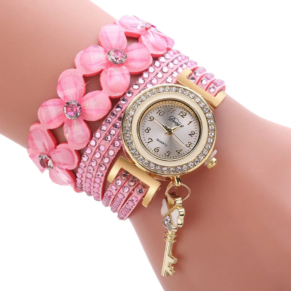 Women Gold Key Pendant Bracelet Watch