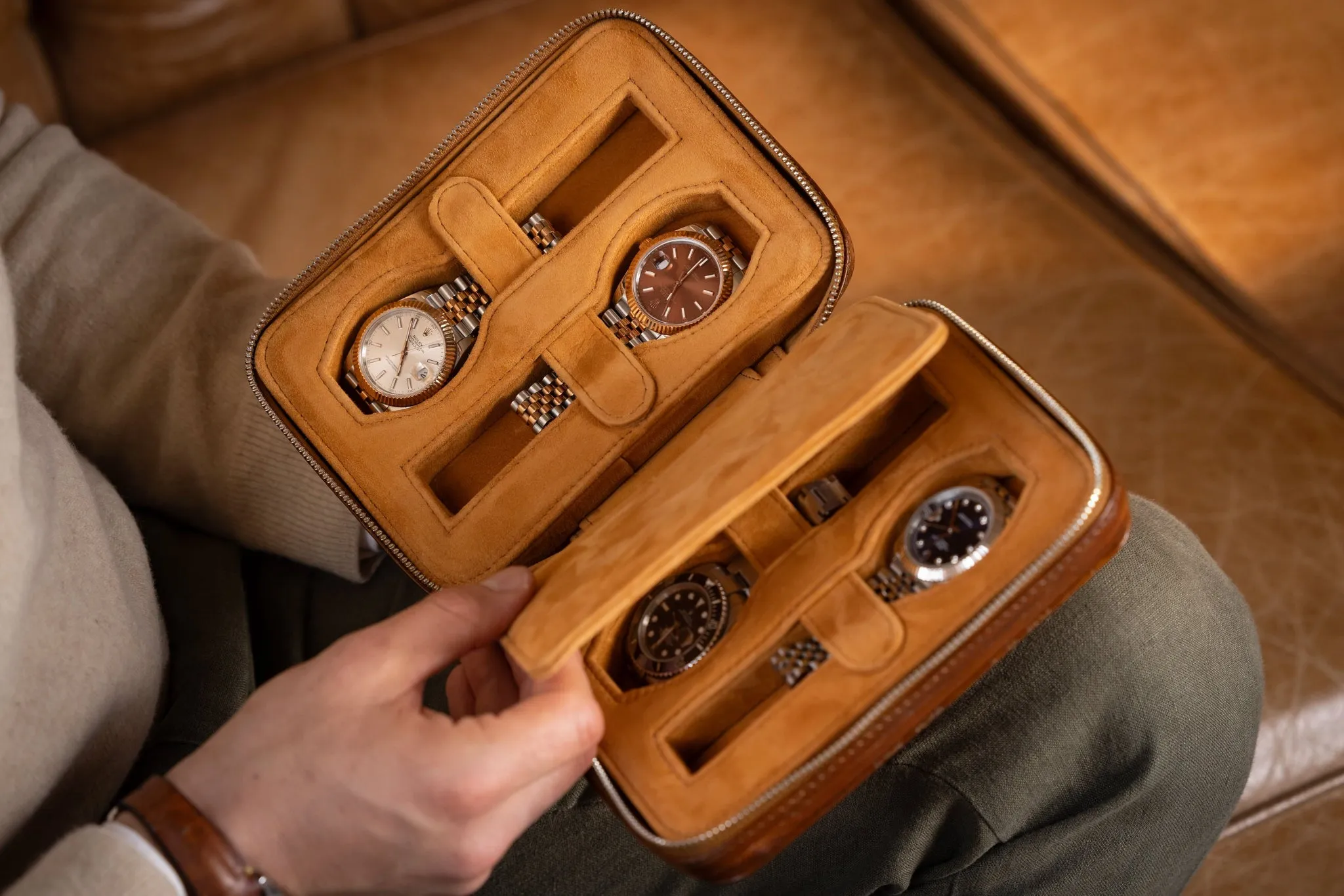 Zipper Watch Case - Parchment Patina Honey Brown